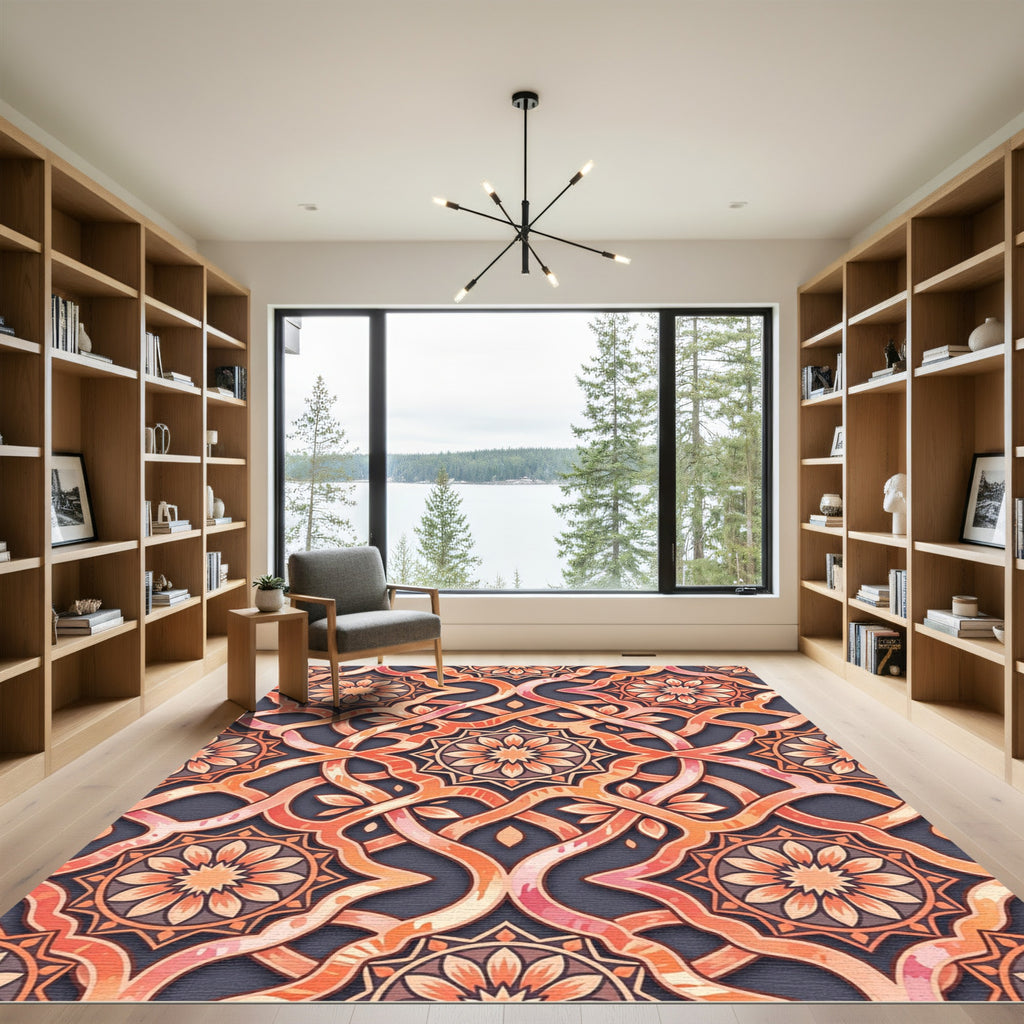 Warm Peach Intricate Geometric Medallion Rug