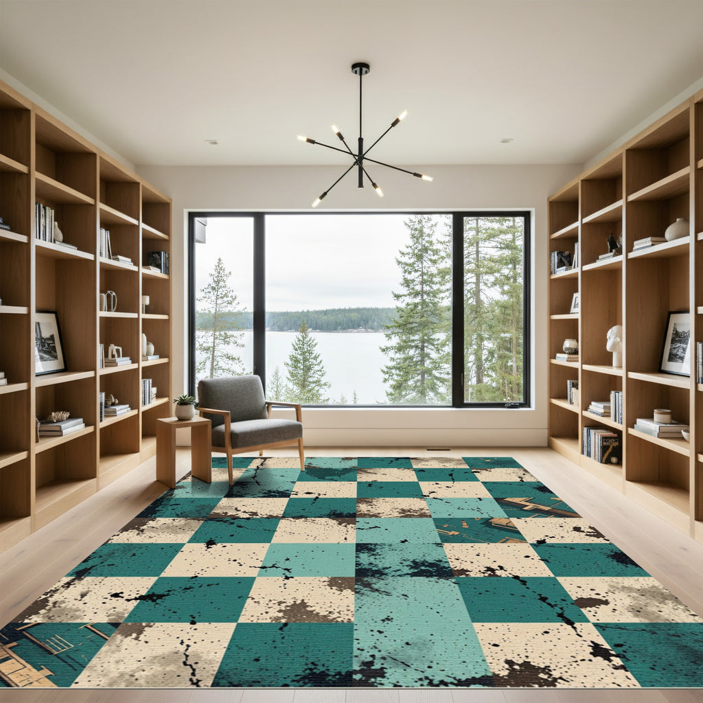 Abstract Teal Brown Splatter Check Rug