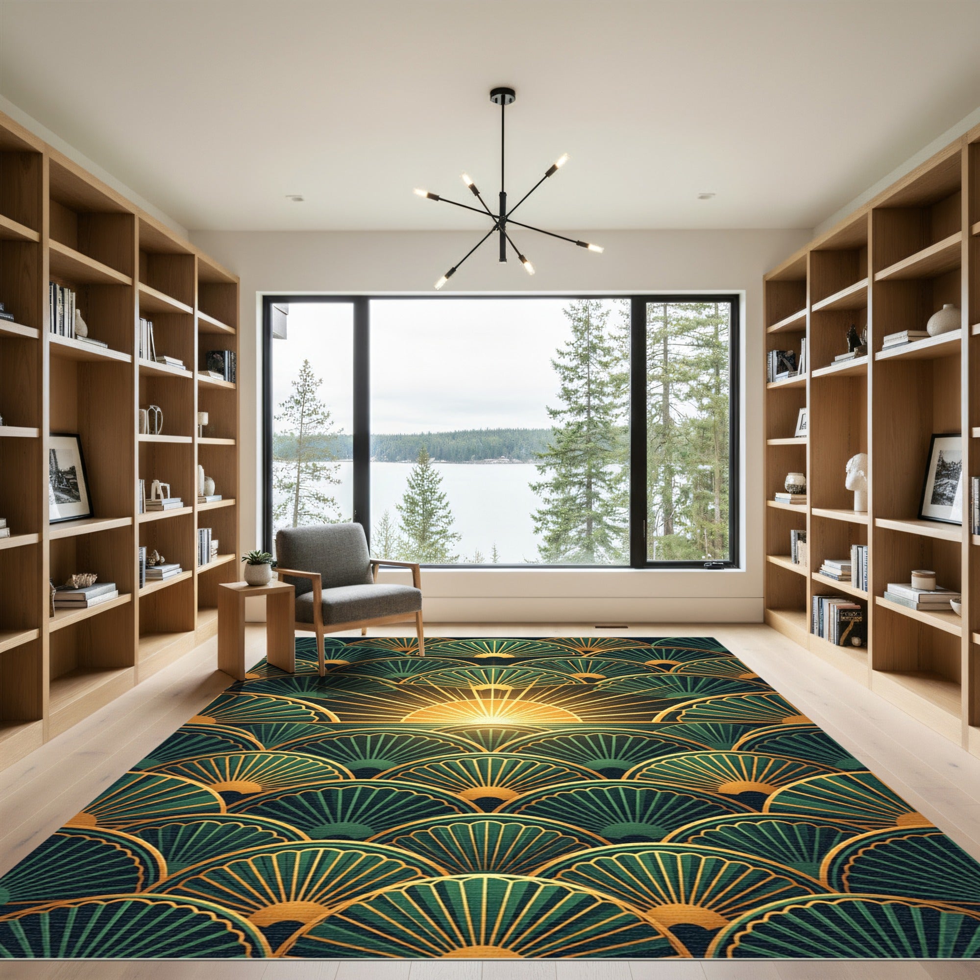 Art Deco Emerald Fan Sunburst Rug