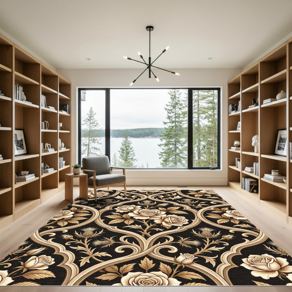 Cream Rose Thistle Scrollwork Pattern Rug