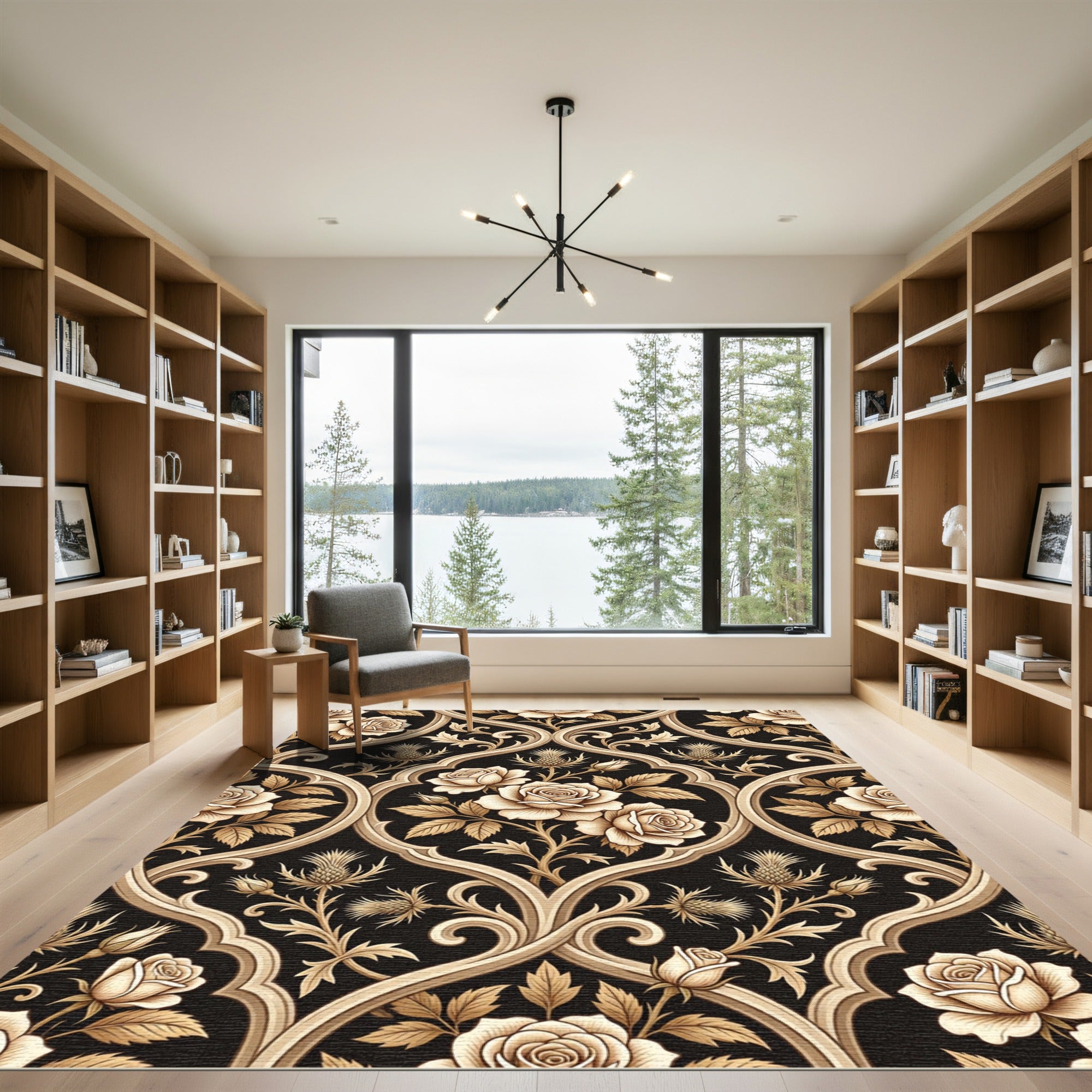 Cream Rose Thistle Scrollwork Pattern Rug