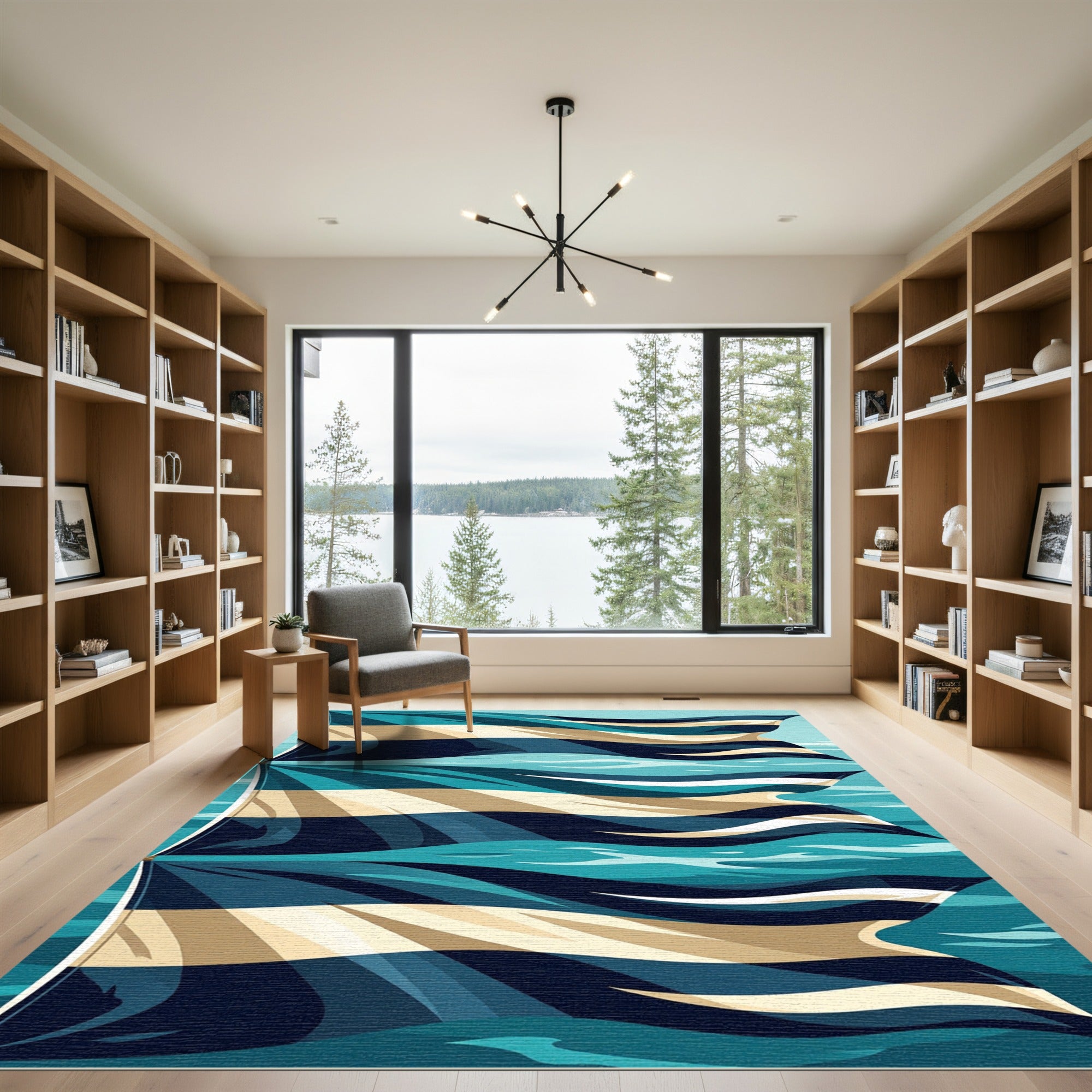 Abstract Teal and Beige Ripple Wave Rug