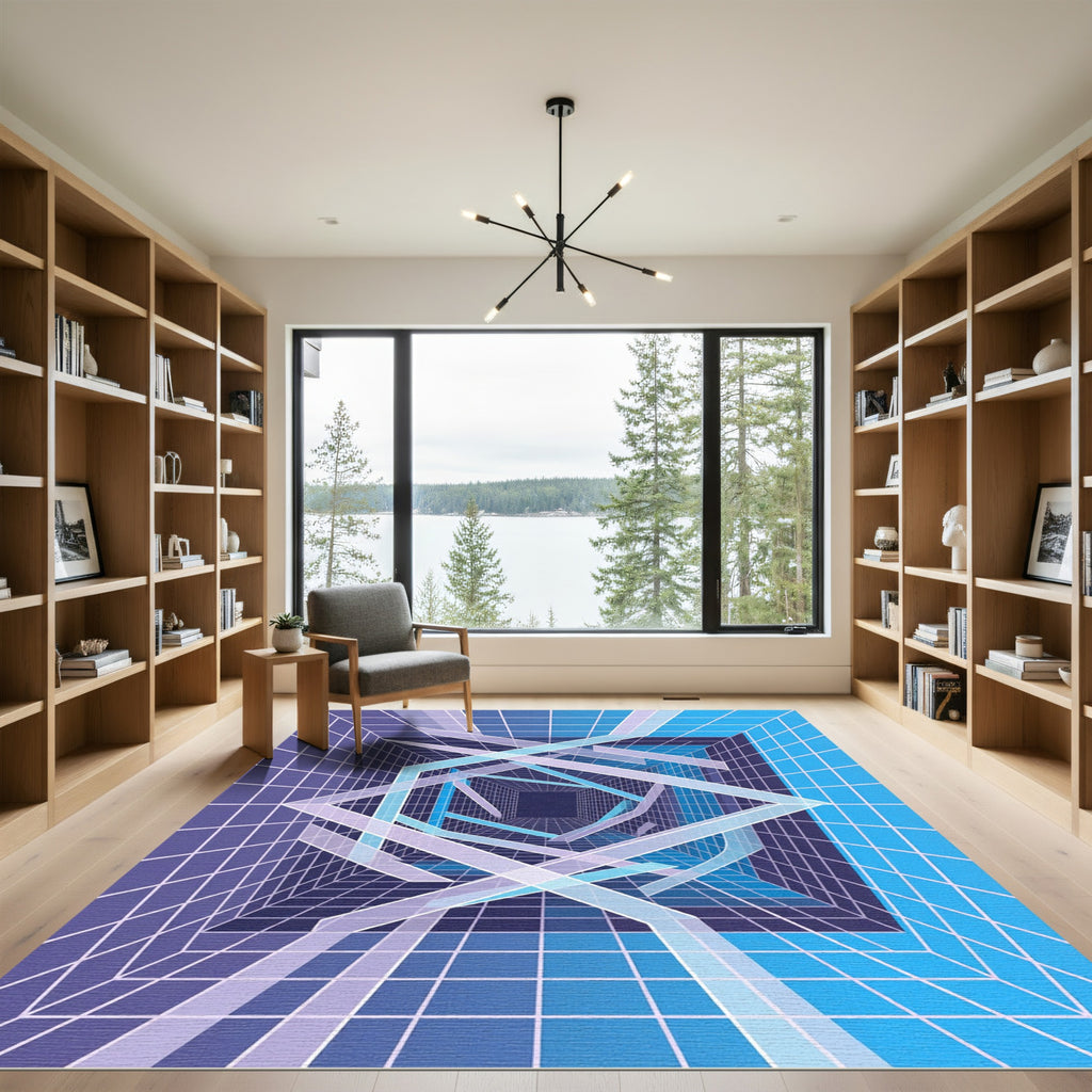 Geometric Blue Grid Infinite Tunnel Rug