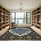 Royal Navy Blue Golden Floral Medallion Rug