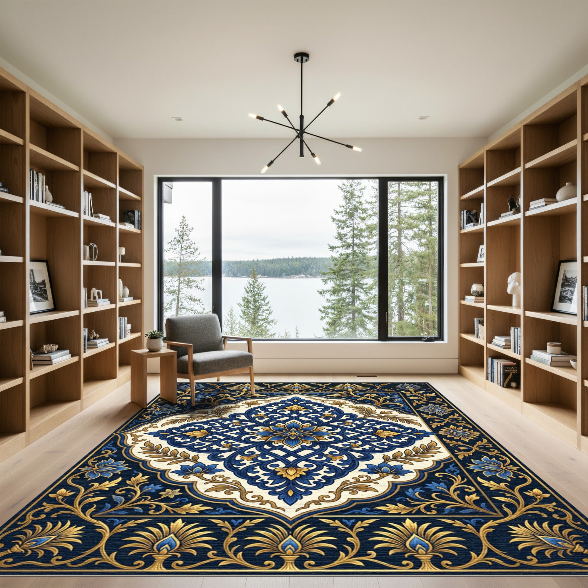 Royal Navy Blue Golden Floral Medallion Rug