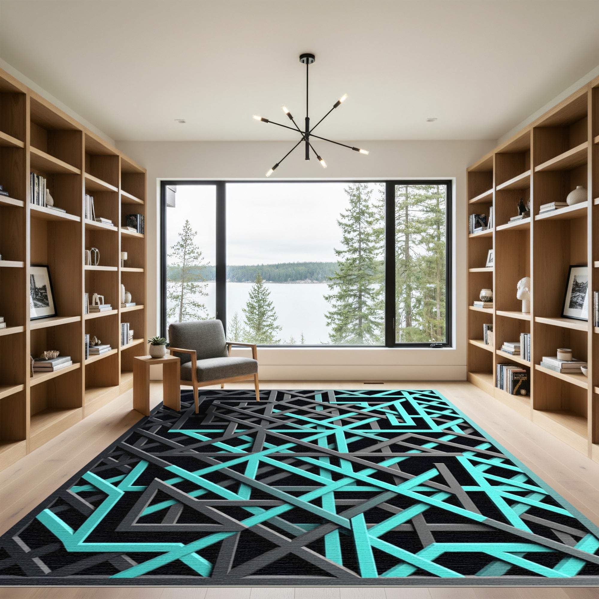 Geometric Teal and Charcoal Intersecting Lines Rug