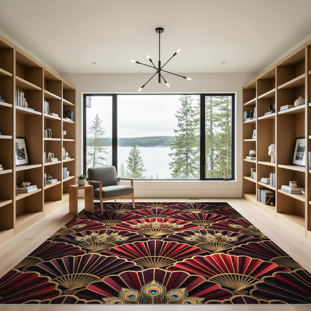 Crimson Gold Peacock Fan Art Deco Rug