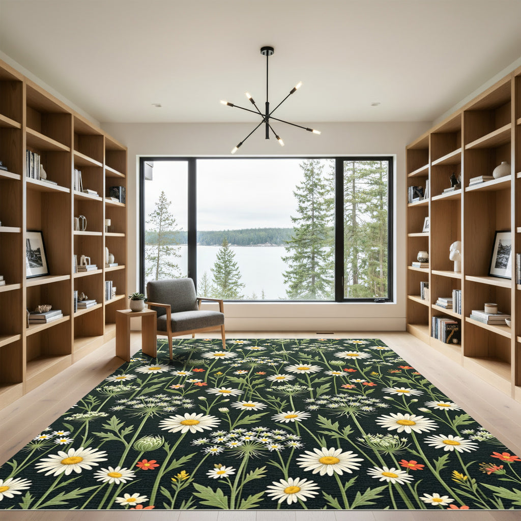 Dark Botanical Daisy Meadow Illustration Rug