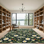 Dark Botanical Daisy Meadow Illustration Rug