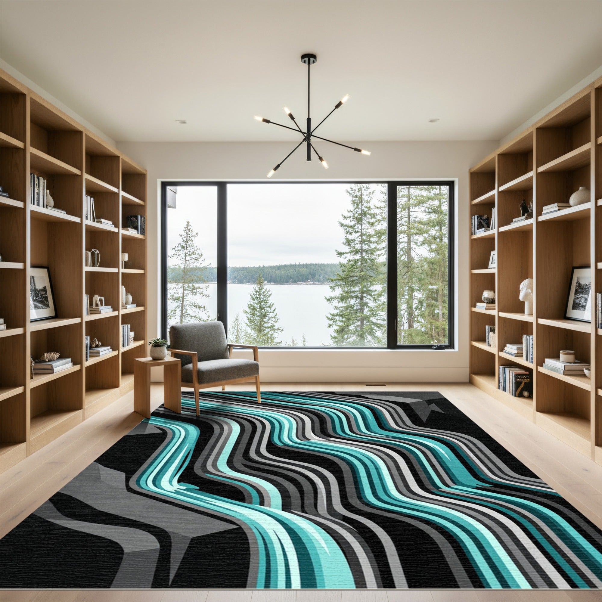 Abstract Teal and Gray Cascading Waterfall Rug