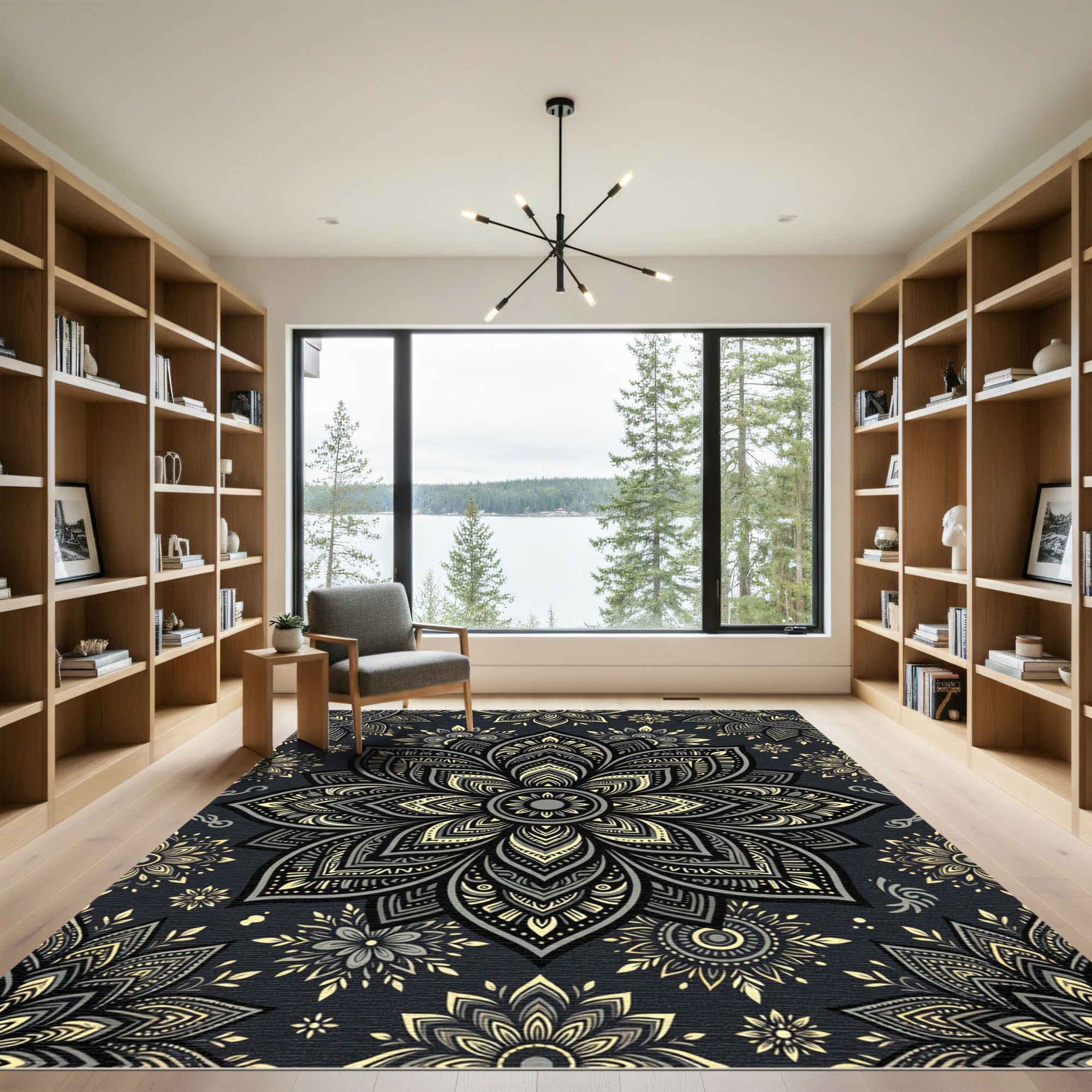 Elegant Charcoal and Gold Mandala Rug