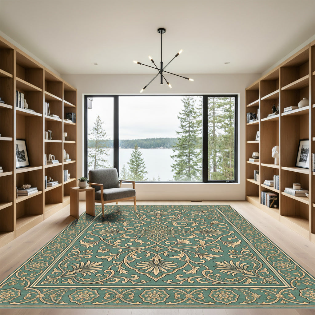 Elegant Sage Floral Scroll Medallion Rug