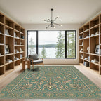 Elegant Sage Floral Scroll Medallion Rug