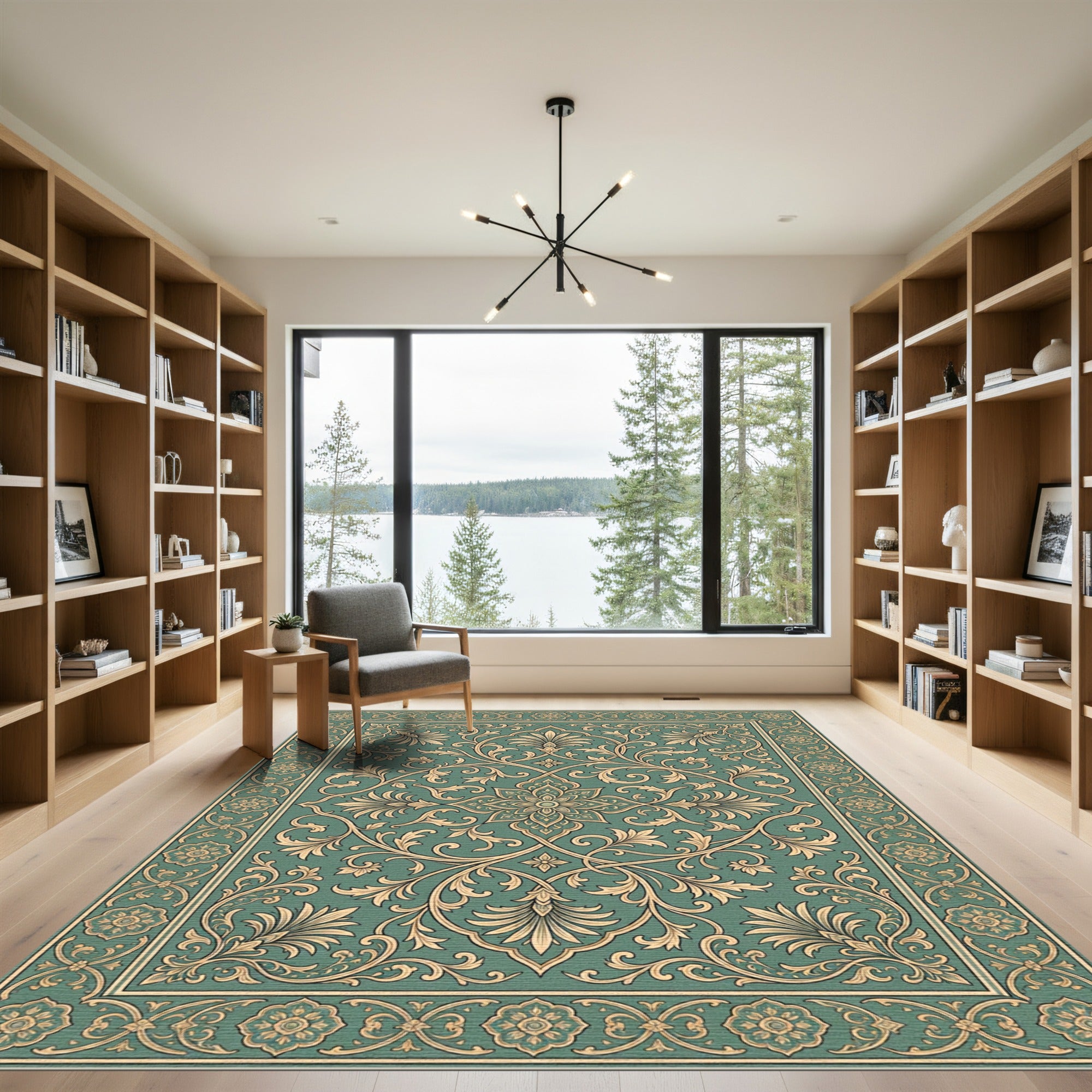 Elegant Sage Floral Scroll Medallion Rug