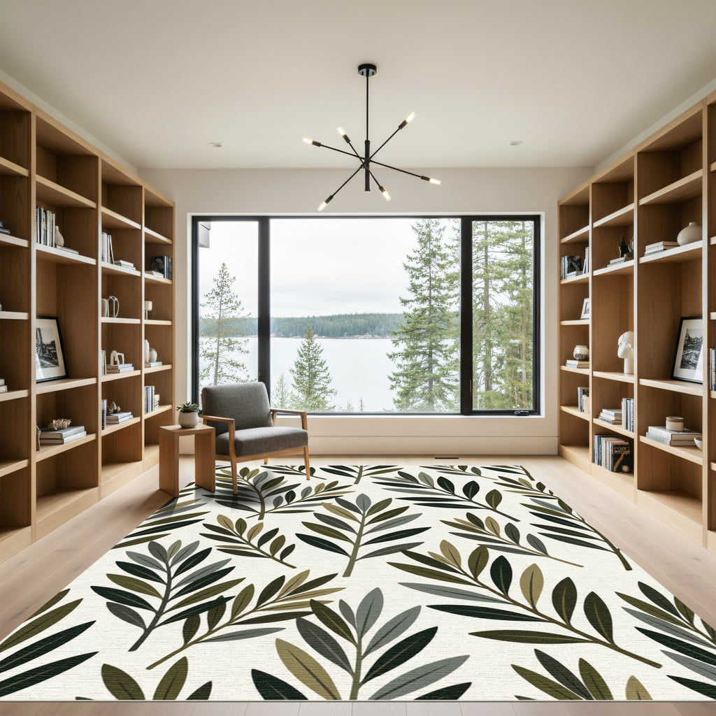 Earthy Green Leafy Branch Pattern Rug
