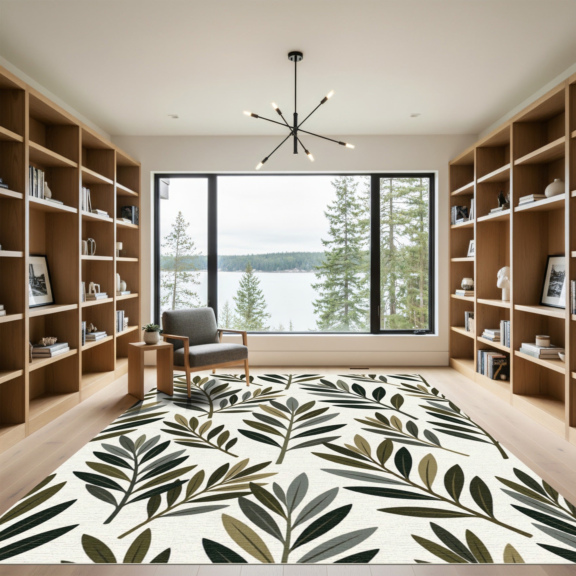 Earthy Green Leafy Branch Pattern Rug