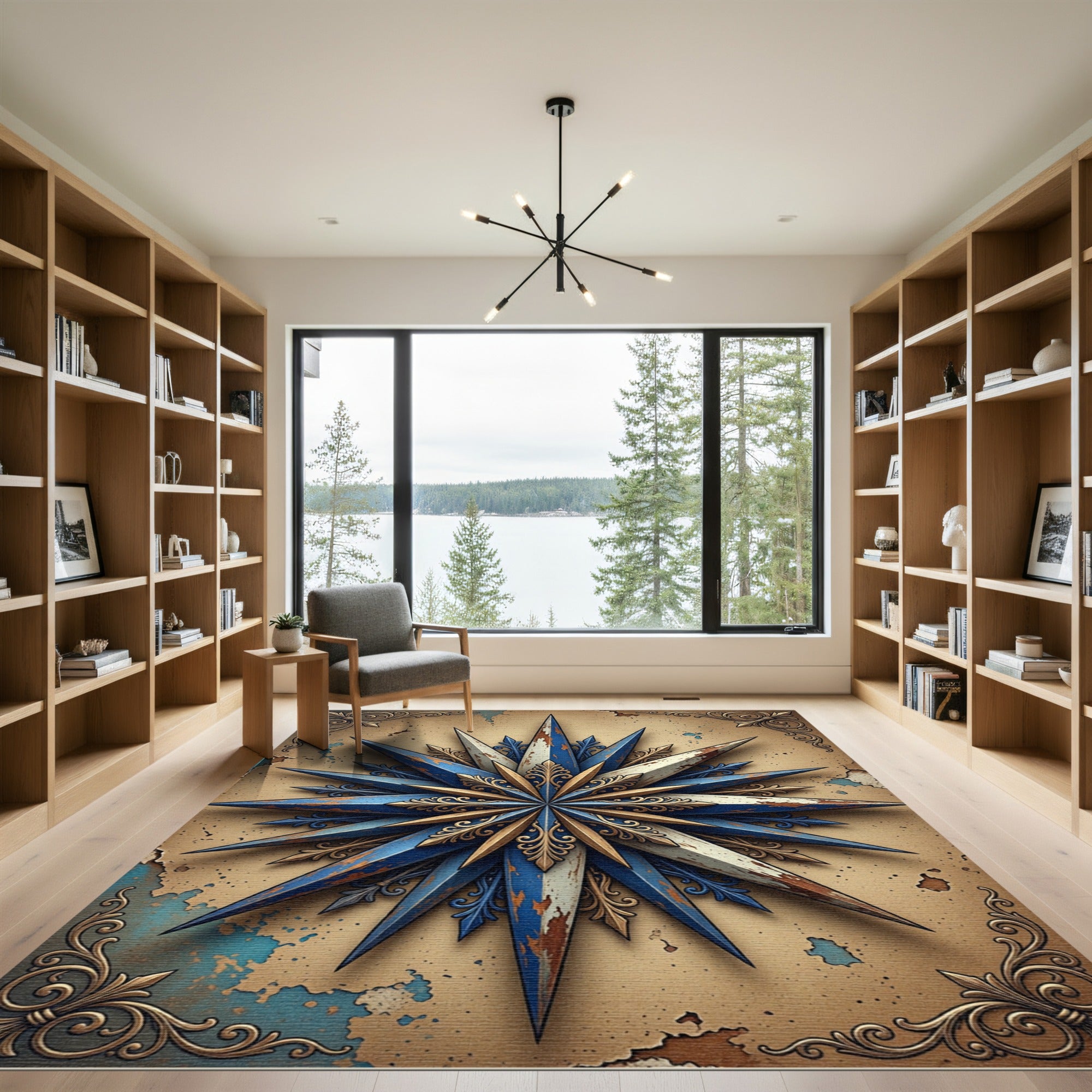 Vintage Navy Gold Compass Star Rug