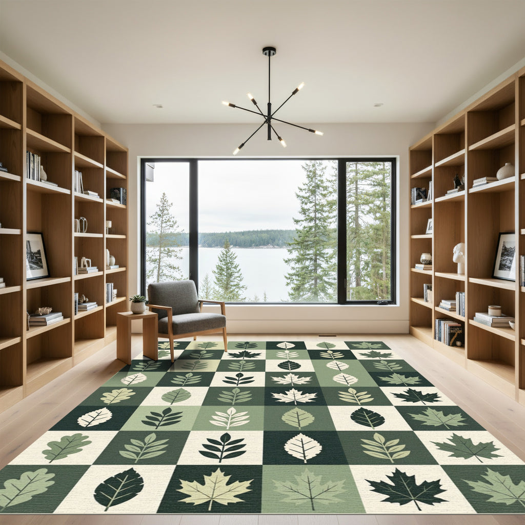 Earthy Green Botanical Leaf Grid Rug