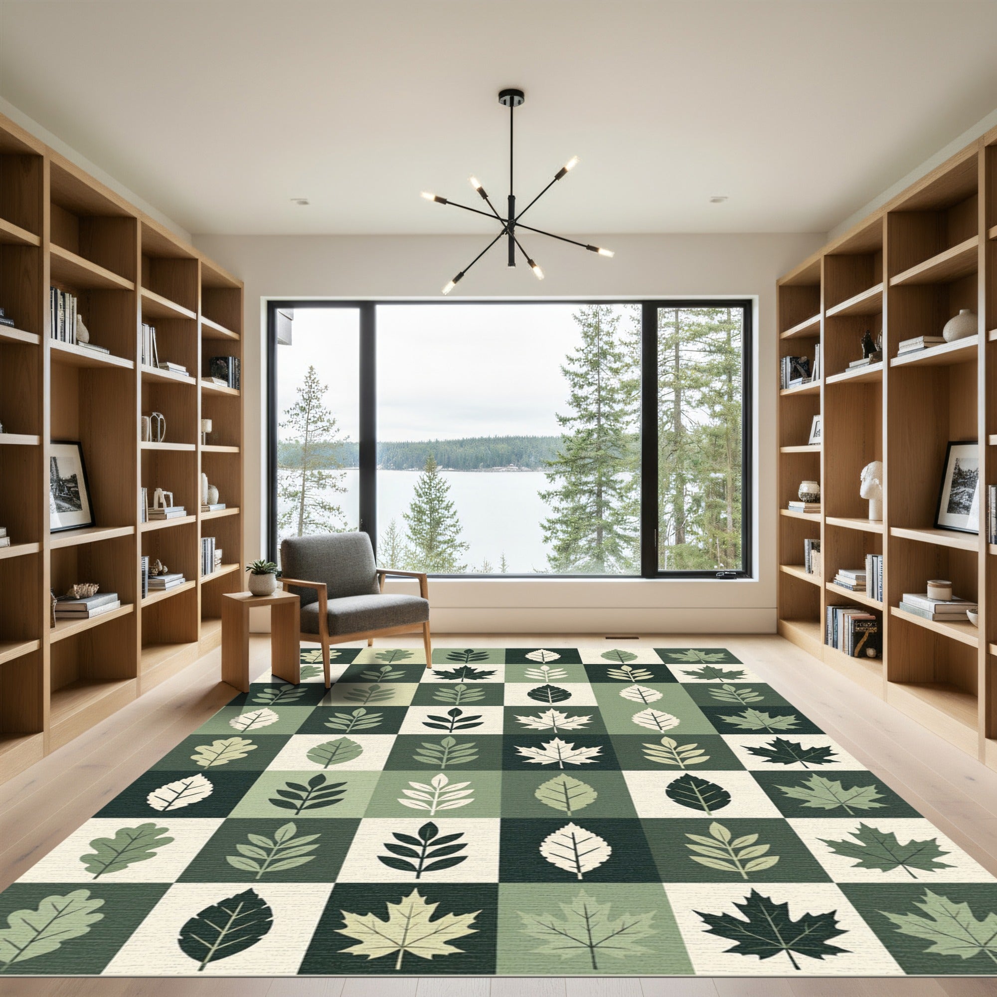 Earthy Green Botanical Leaf Grid Rug
