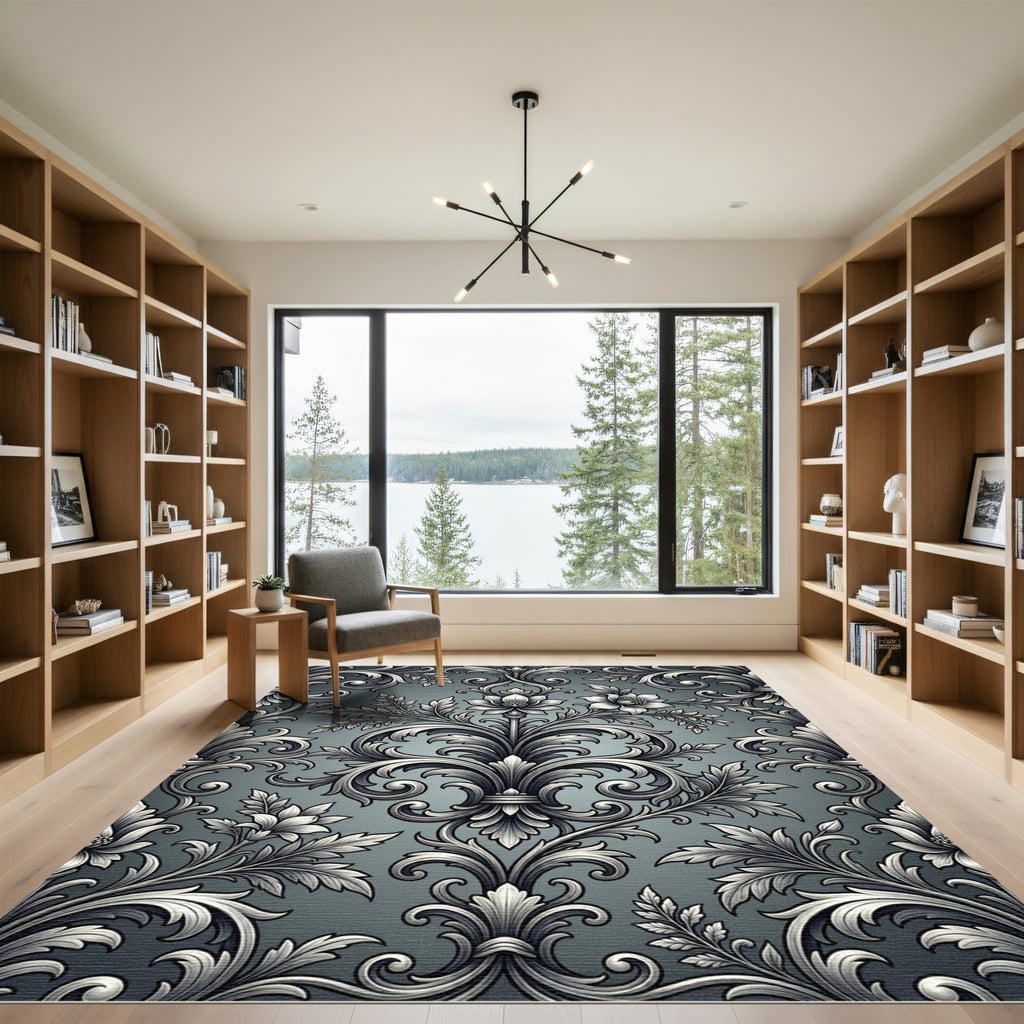 Intricate Silver Blooming Acanthus Scrollwork Rug