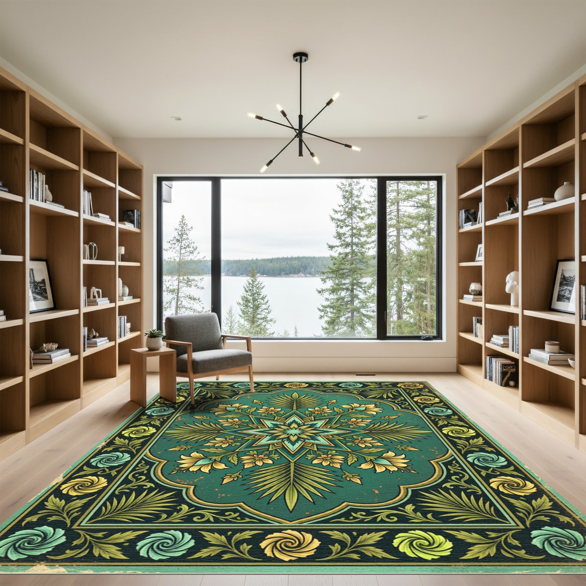 Vintage Emerald Golden Floral Star Rug