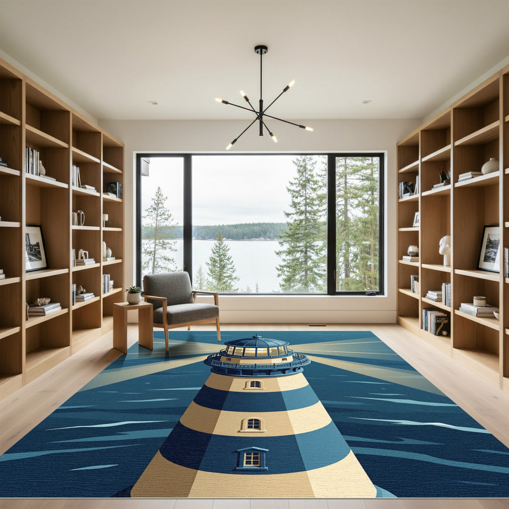 Coastal Blue Cream Striped Lighthouse Rug