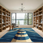 Coastal Blue Cream Striped Lighthouse Rug