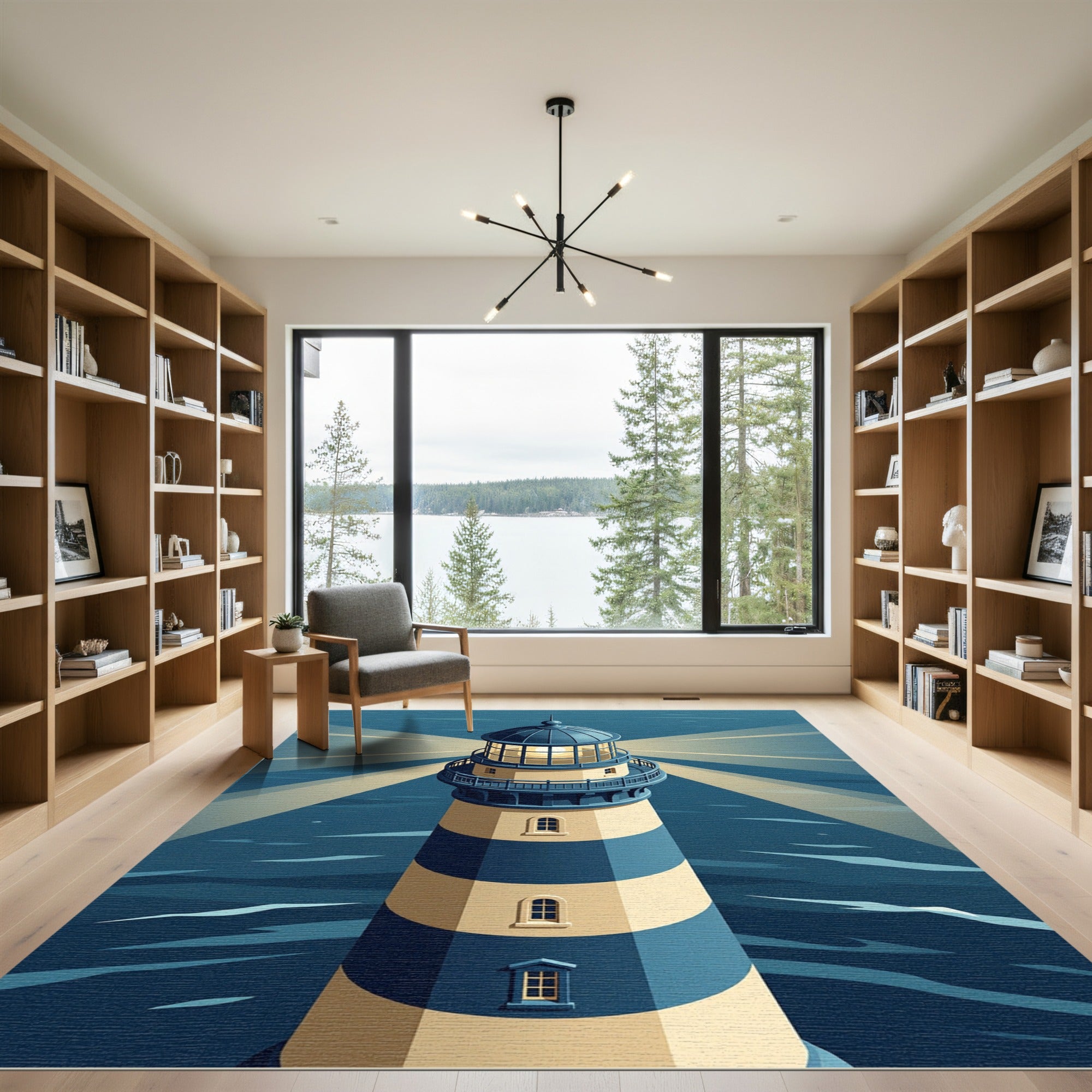 Coastal Blue Cream Striped Lighthouse Rug