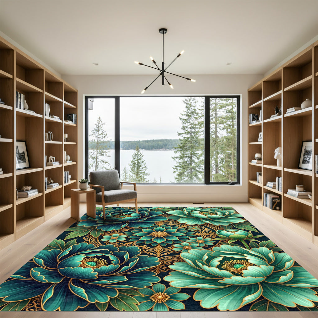 Emerald Teal Floral Gold Scrolls Rug