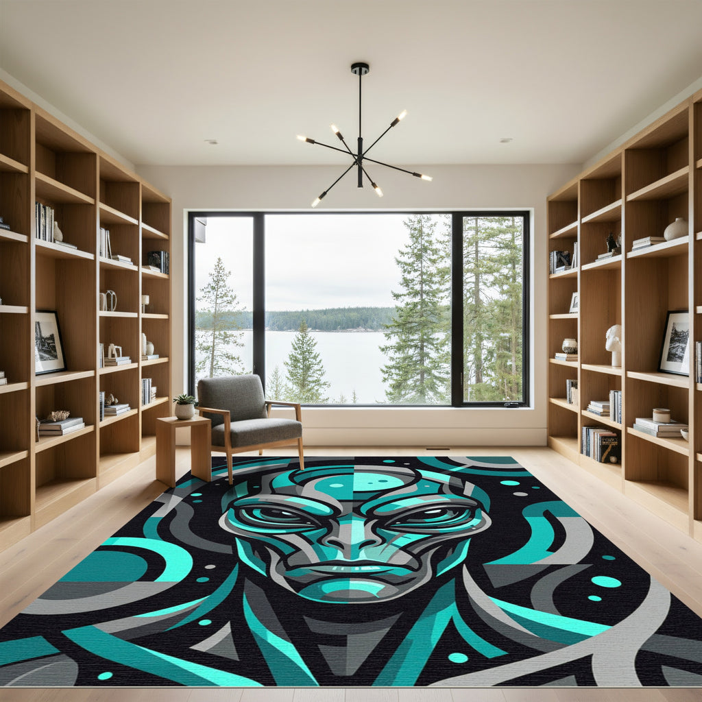 Cyan Geometric Alien Portrait Rug