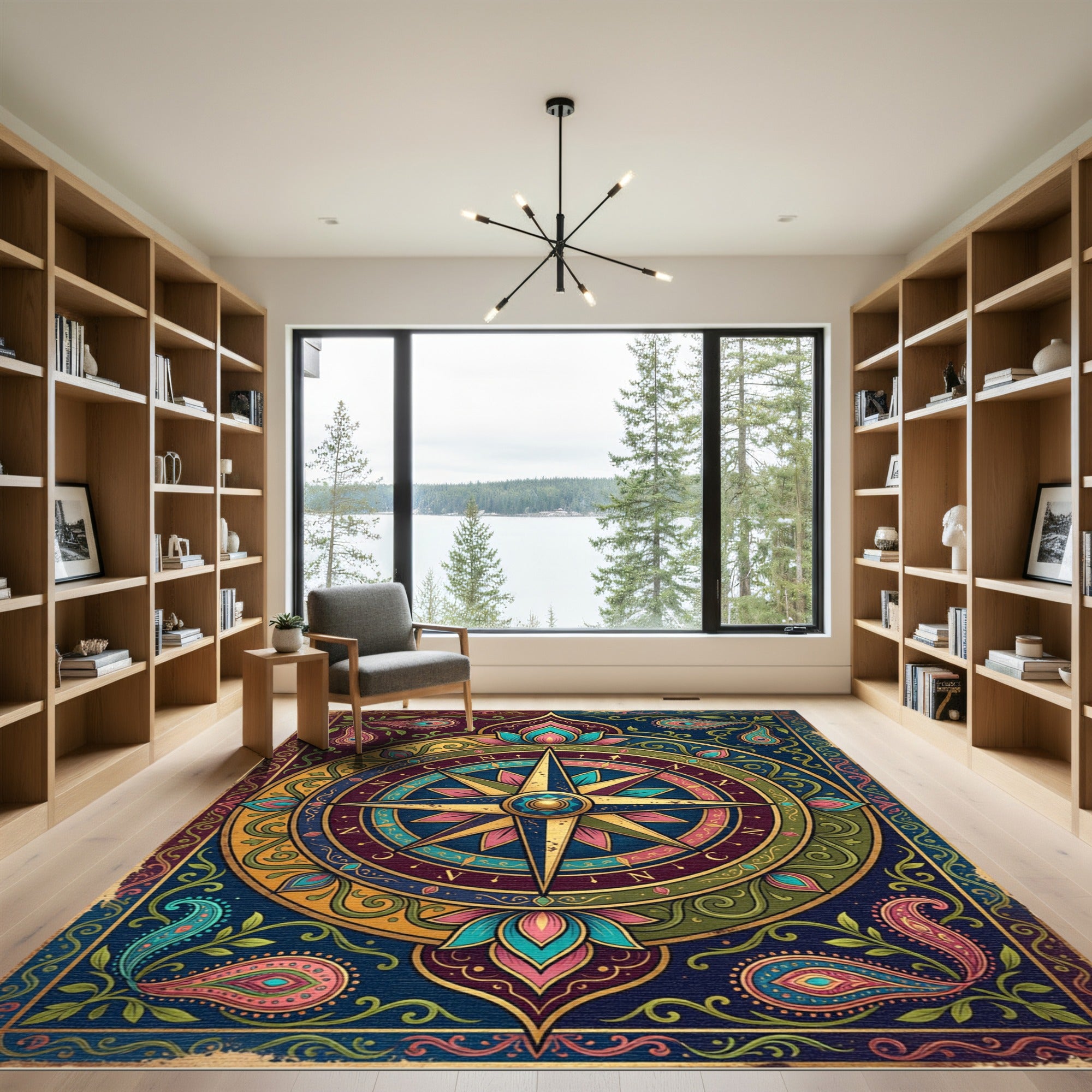 Opulent Jewel Tone Compass Lotus Mandala Rug
