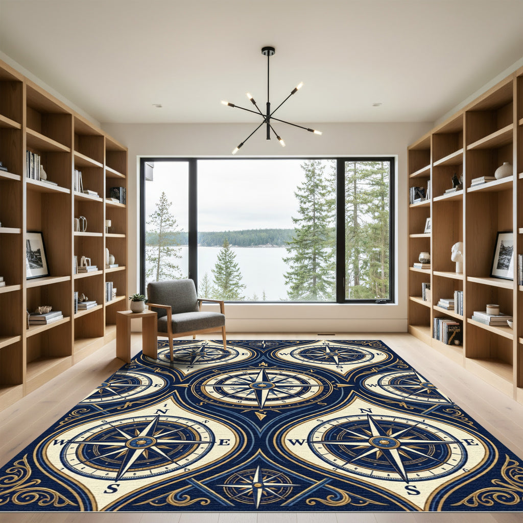 Vintage Navy Gold Nautical Compass Grid Rug