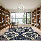 Vintage Navy Gold Nautical Compass Grid Rug
