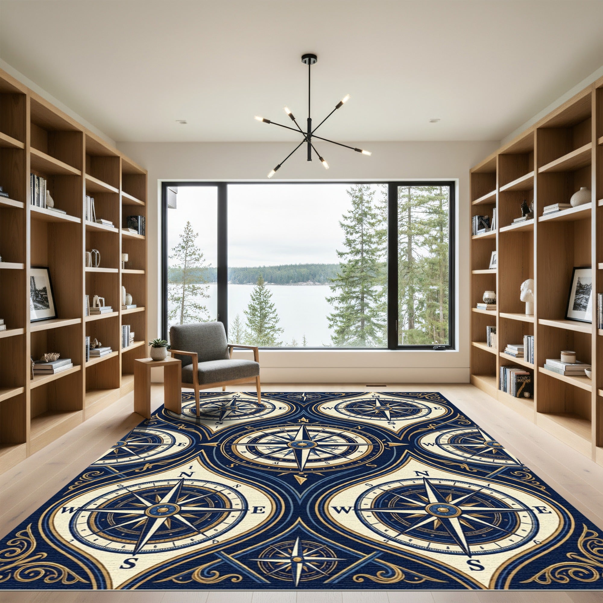 Vintage Navy Gold Nautical Compass Grid Rug