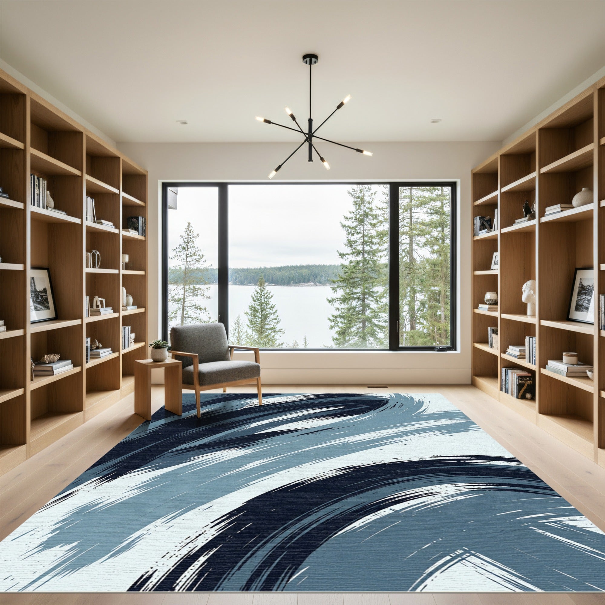 Modern Navy Blue Abstract Swirl Brushstroke Rug