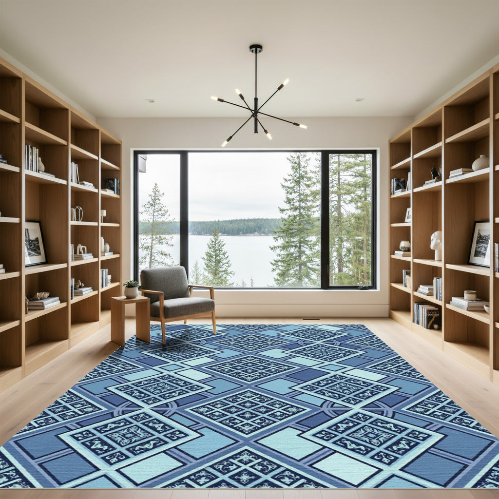 Cool Blue Geometric Diamond Tiles Rug
