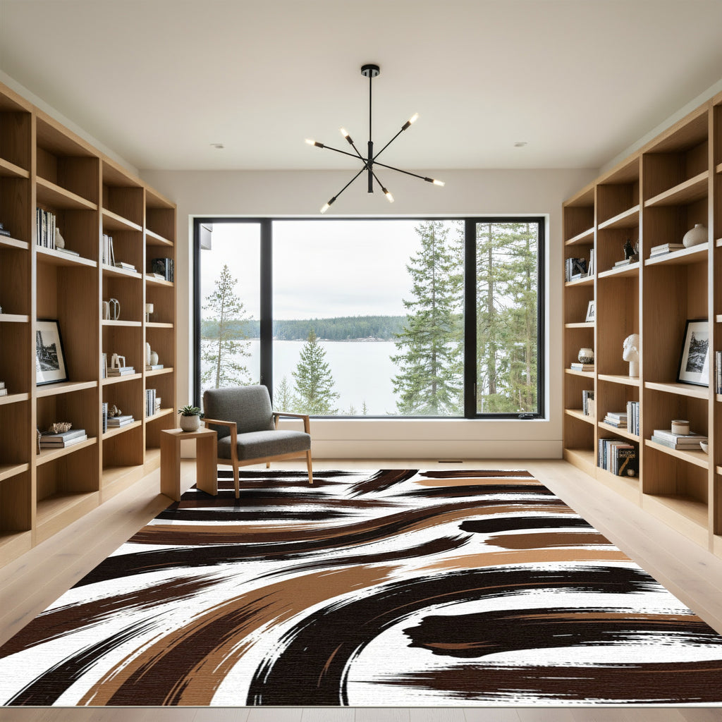 Modern Earthy Brown Abstract Brushstroke Rug