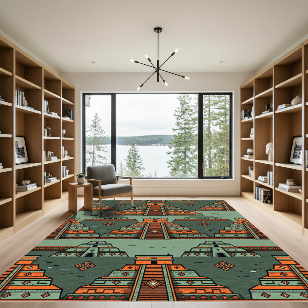 Geometric Aztec Orange Teal Step Pyramid Rug