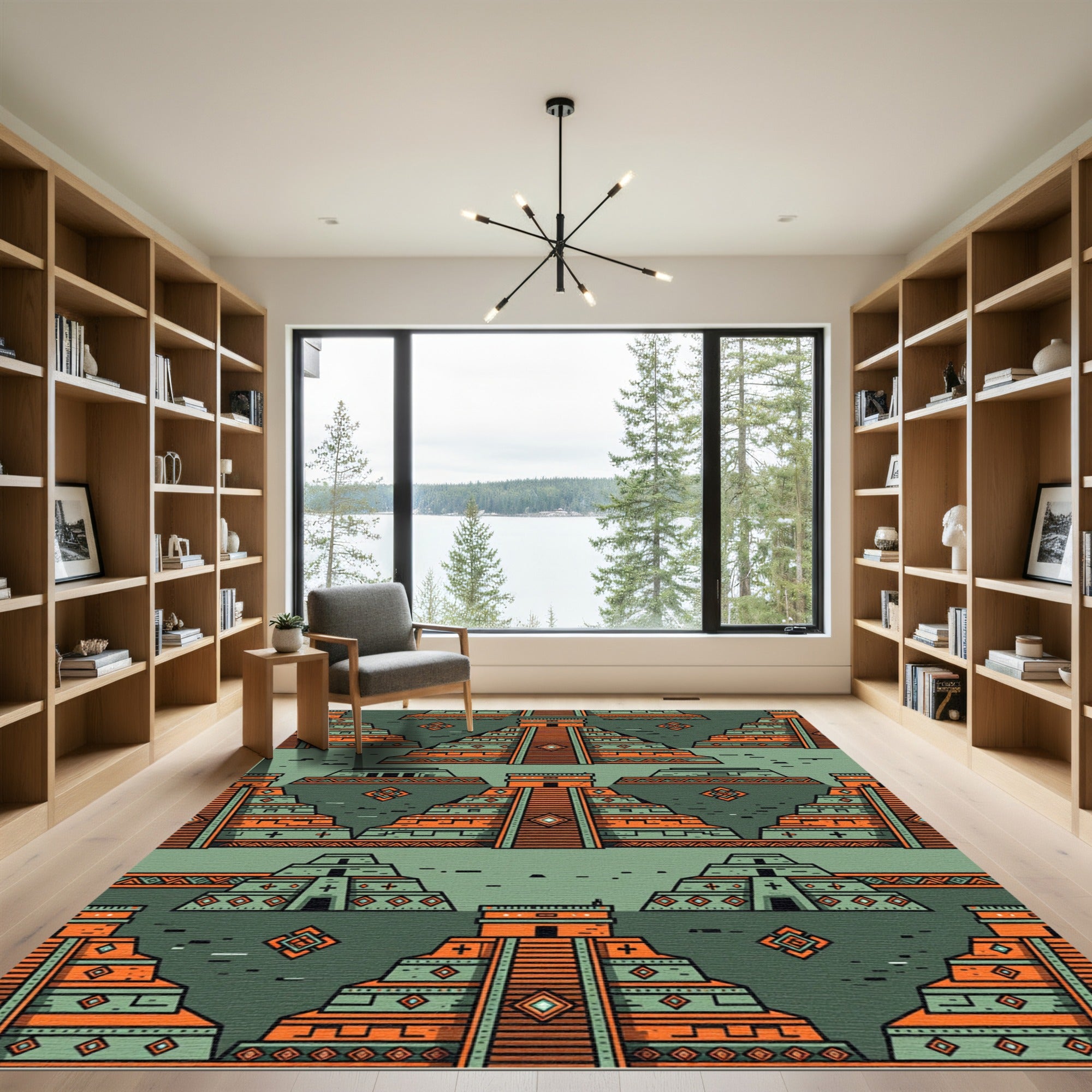Geometric Aztec Orange Teal Step Pyramid Rug