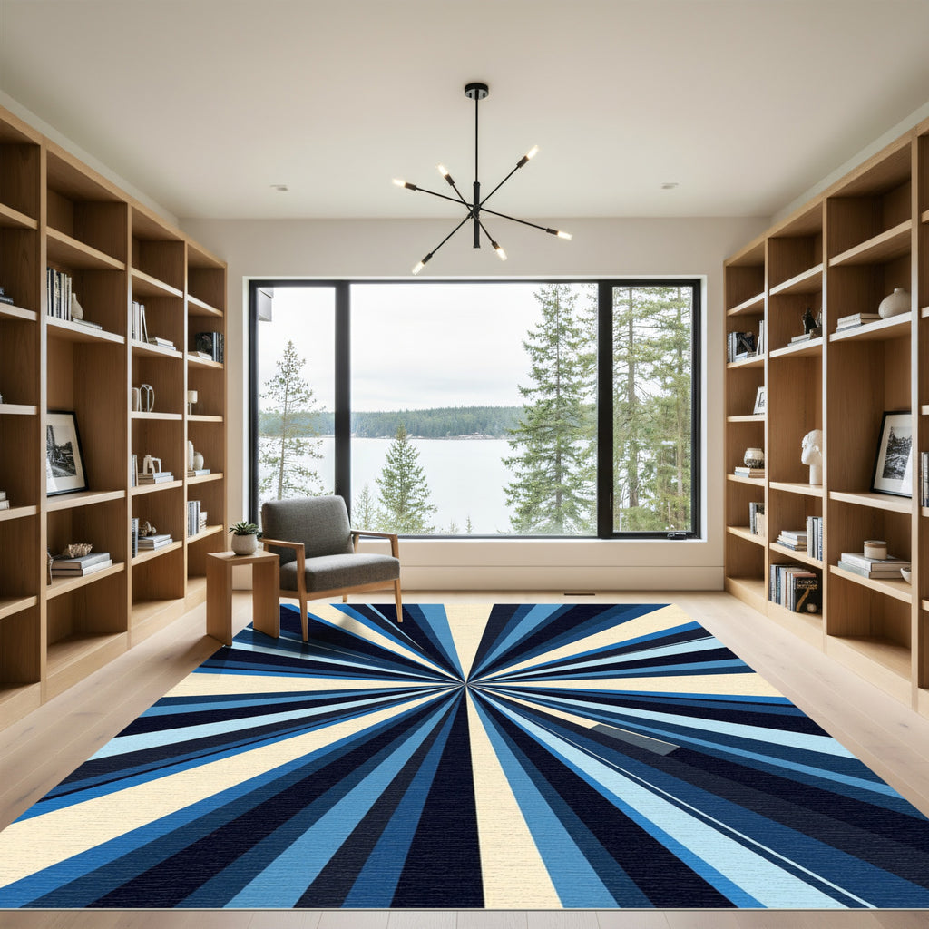 Modern Navy Blue Geometric Sunburst Rug