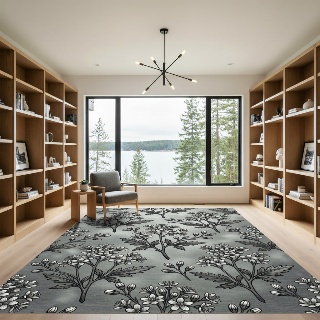 Grayscale Floral Branch Repeating Pattern Rug