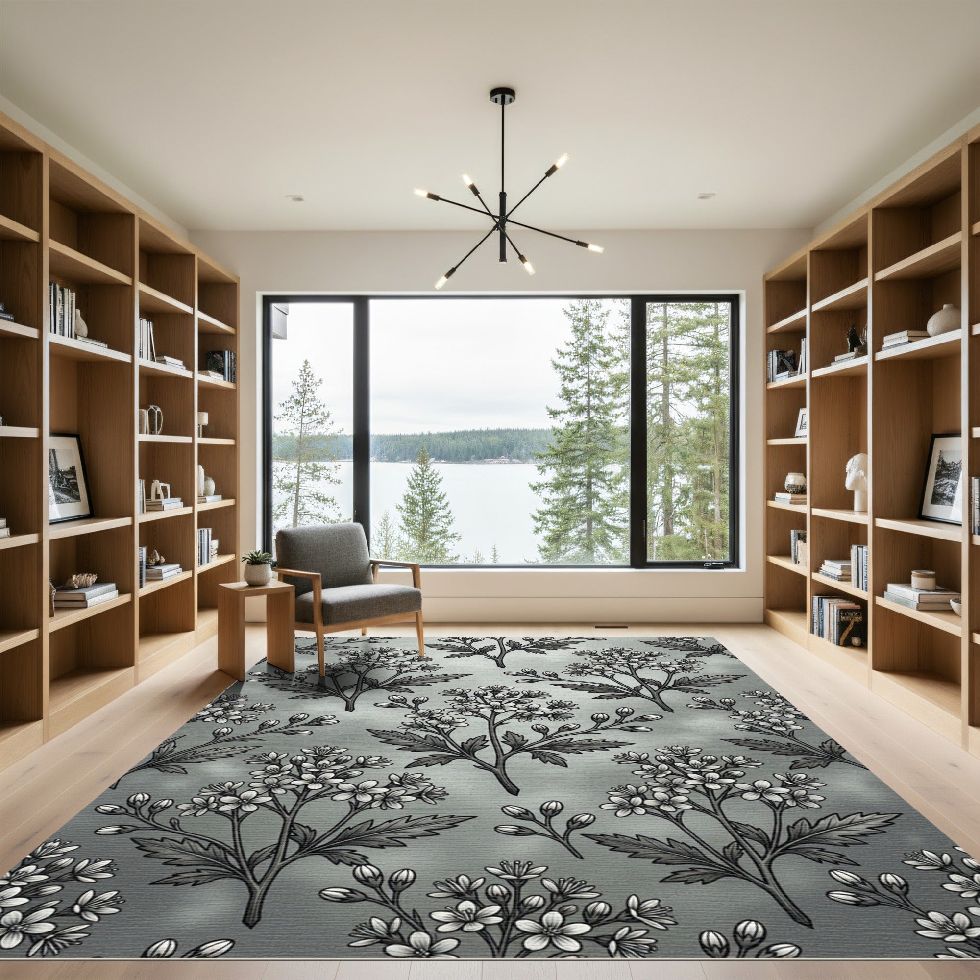 Grayscale Floral Branch Repeating Pattern Rug