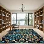 Opulent Peacock Feather Gold Teal Damask Rug
