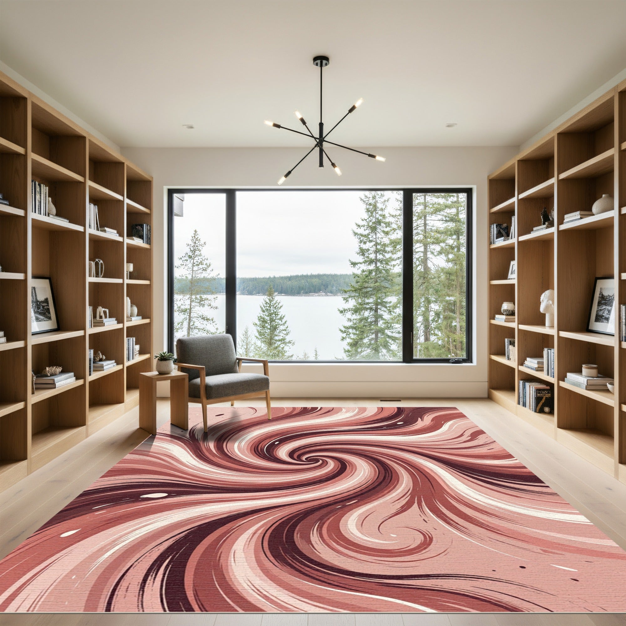 Earthy Crimson Abstract Spiral Swirl Rug