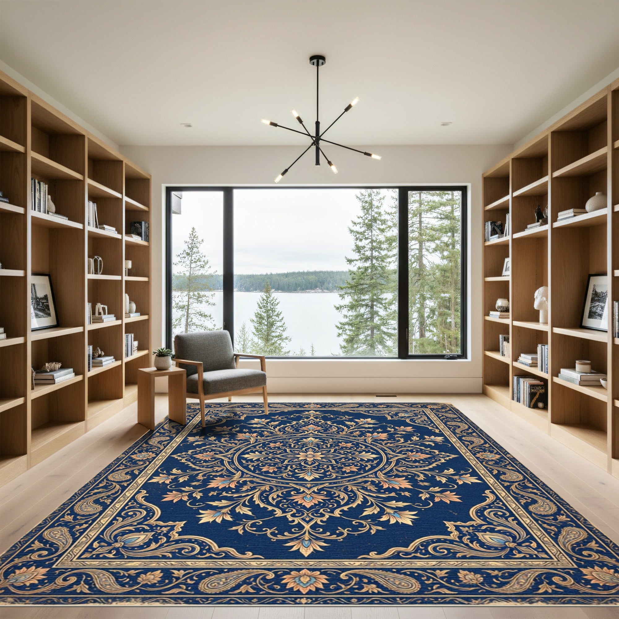 Ornate Navy Floral Medallion Scrollwork Rug