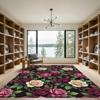 Elegant Dark Burgundy and Cream Rose Floral Rug