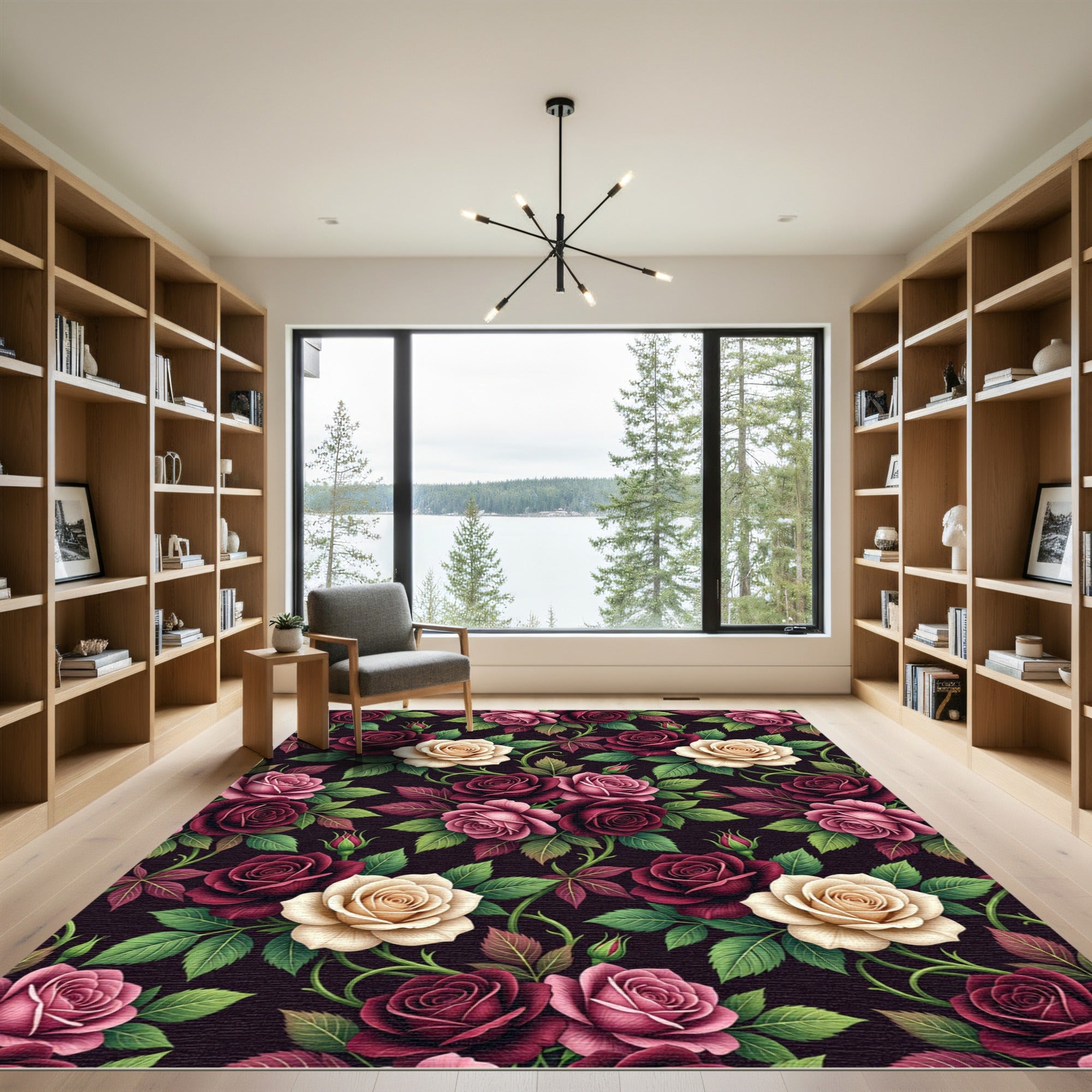 Elegant Dark Burgundy and Cream Rose Floral Rug
