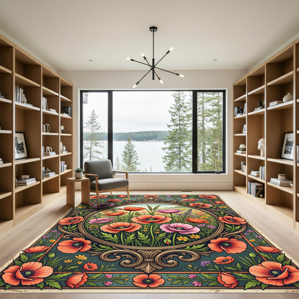 Vintage Poppy Meadow Floral Art Deco Rug