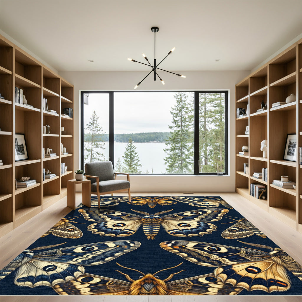 Whimsical Golden Butterfly Dark Navy Wallpaper Rug