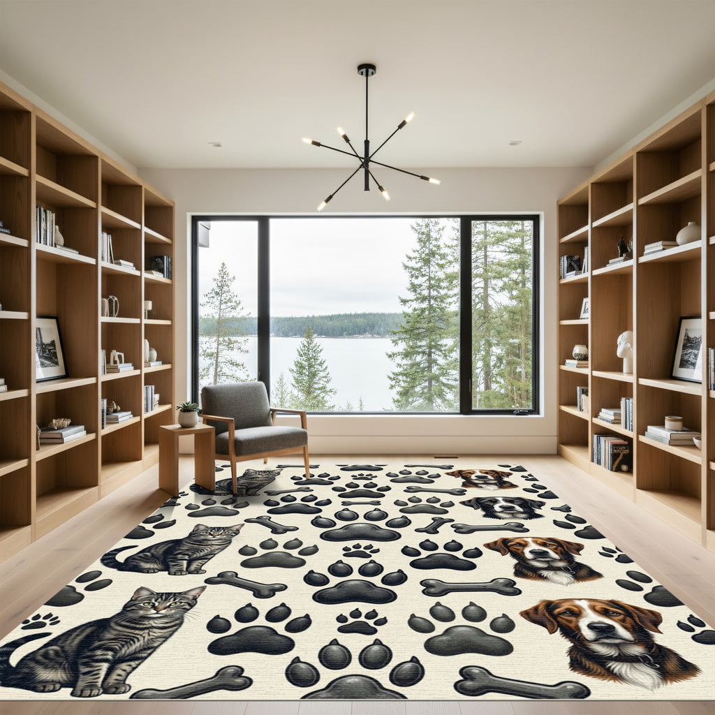 Playful Cream Cat and Dog Silhouette Rug